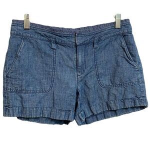 LOFT Linen Blend Ruffle Waist Shorts Women's Size 2 Blue Chambray Paperbag Waist